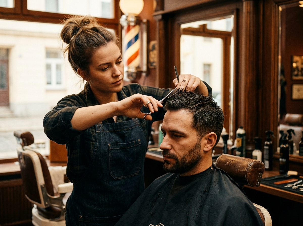 Präziser Herrenhaarschnitt durch professionelle Friseurin